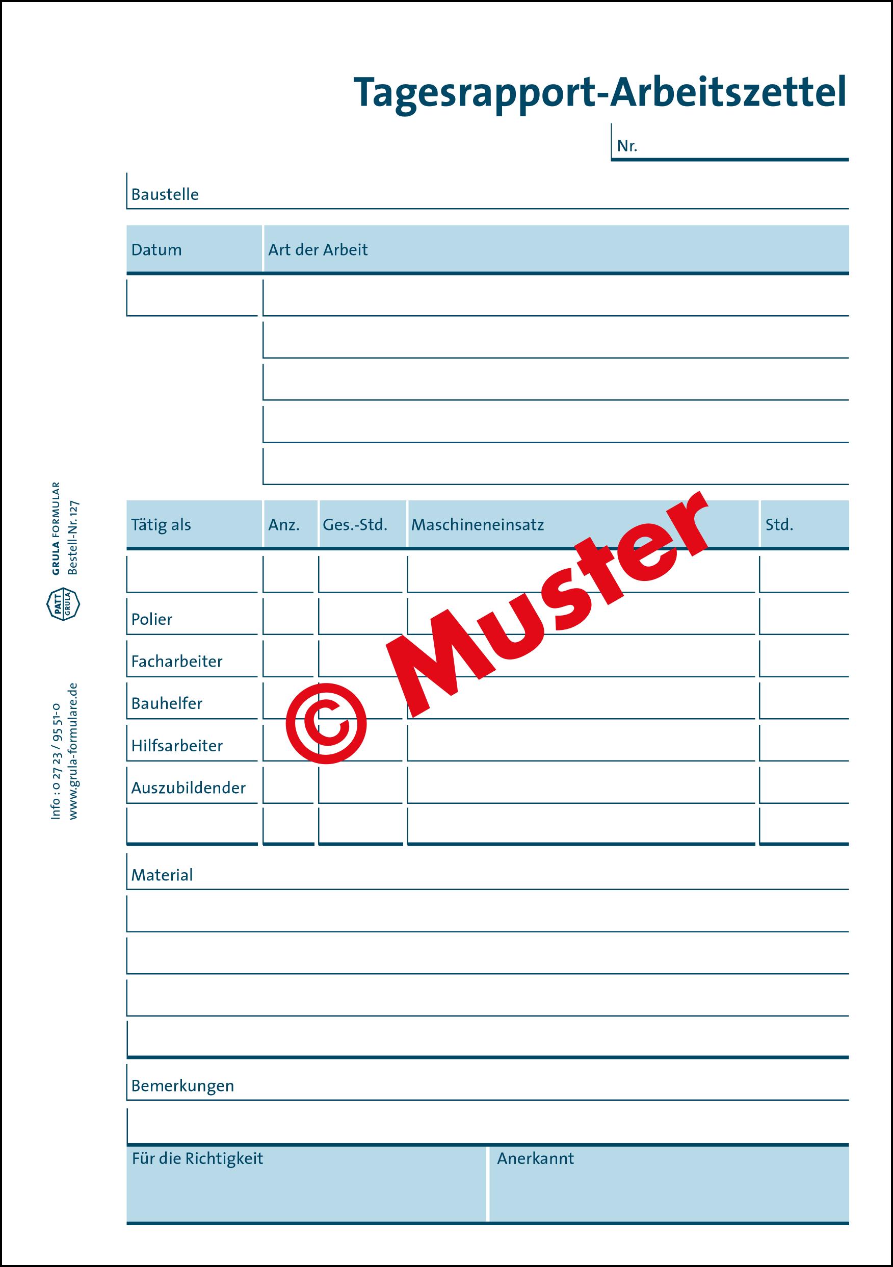 Tagesrapport-Arbeitszettel für Baugewerbe