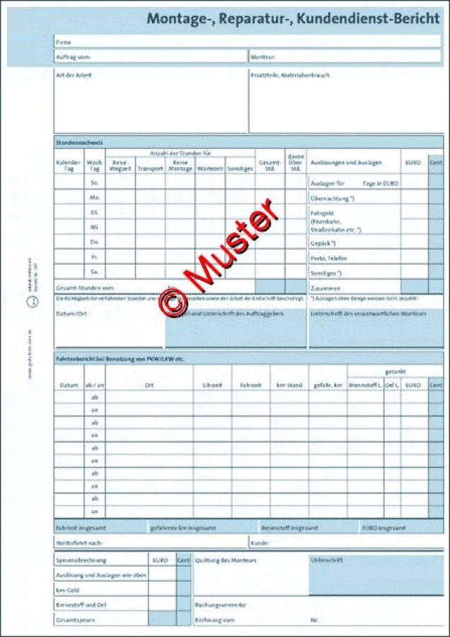 Montage-, Reparatur-, Kundendienst-Bericht