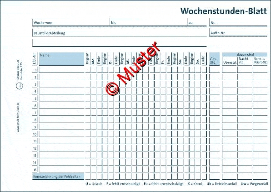 Wochenstunden-Blatt