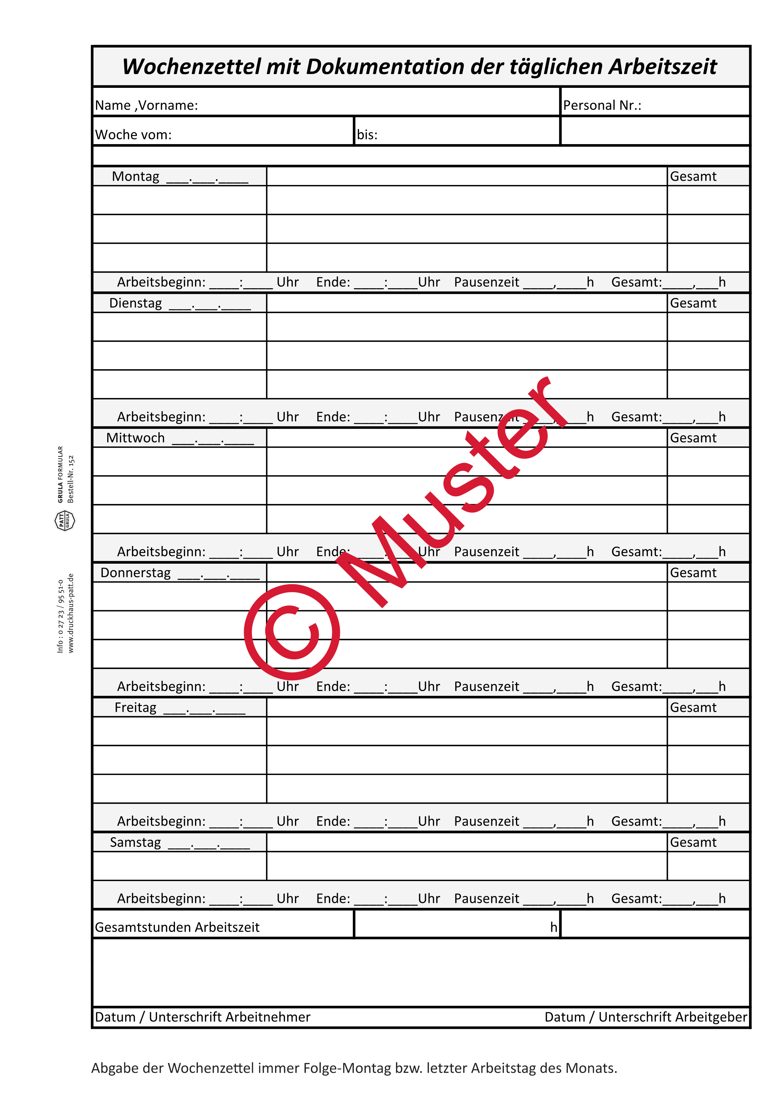 Wochenzettel mit Dokumentation der täglichen Arbeitszeit